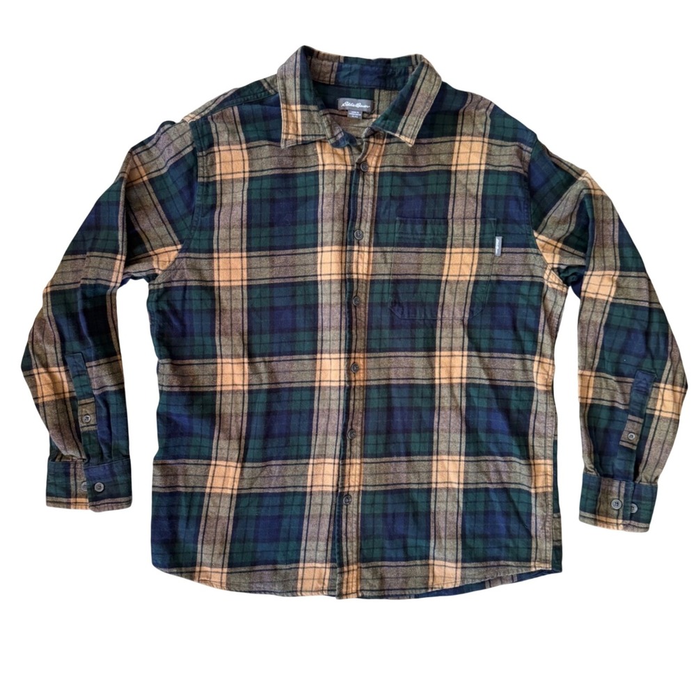 Eddie Bauer Plaid Flannel Shirt Mens XL Green Tan Cotton Button Down Lumberjack‎